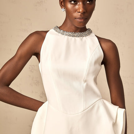 Laura White Asymmetric Layered Crystal Embellished Mini Dress