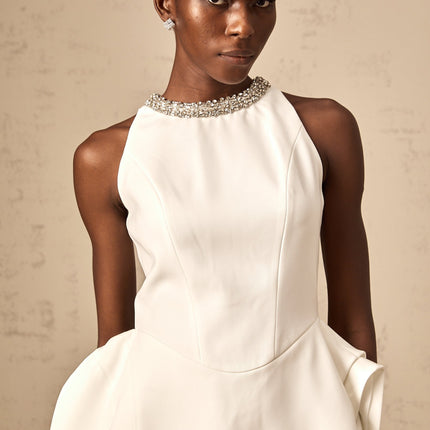 Laura White Asymmetric Layered Mini Dress with Crystal Embellishment and Rear Zip Fastening