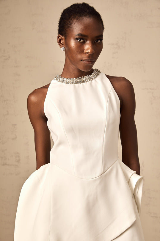 Laura White Asymmetric Layered Mini Dress with Crystal Embellishment and Rear Zip Fastening