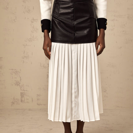 Laura White Black Leather Pleated Midi Skirt
