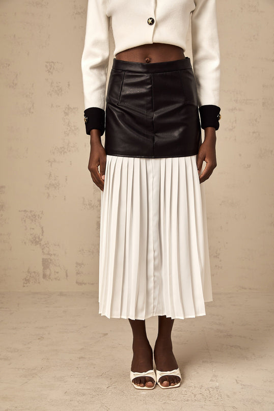 Laura White Black Leather Pleated Midi Skirt