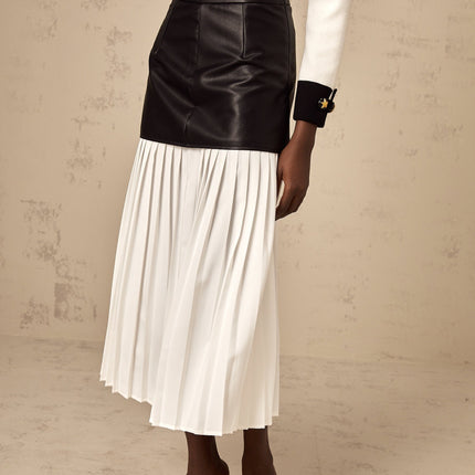 Laura White Black Leather Pleated Midi Skirt