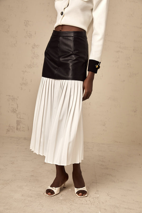 Laura White Black Leather Pleated Midi Skirt