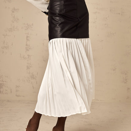 Laura White Black Leather Pleated Midi Skirt