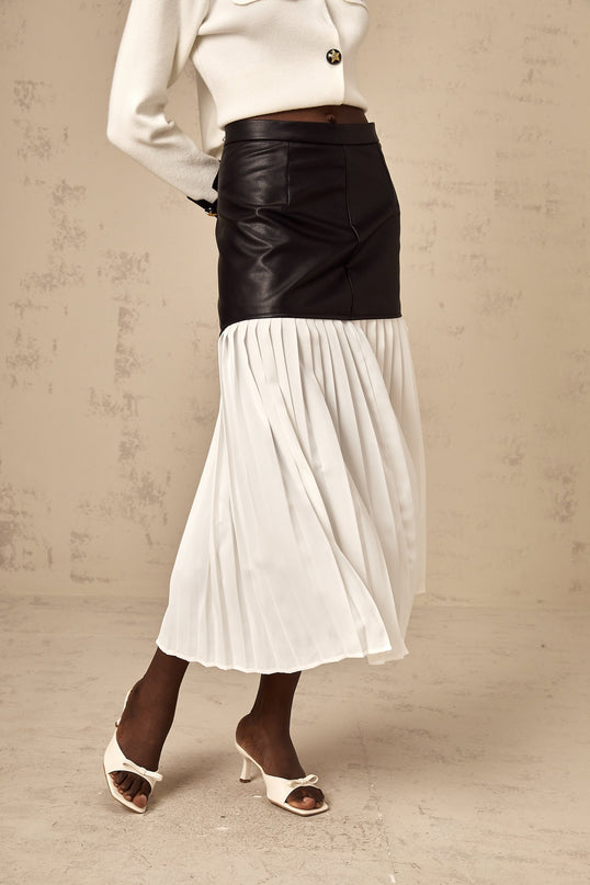 Laura White Black Leather Pleated Midi Skirt