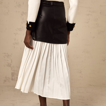 Laura White Black Leather Pleated Midi Skirt