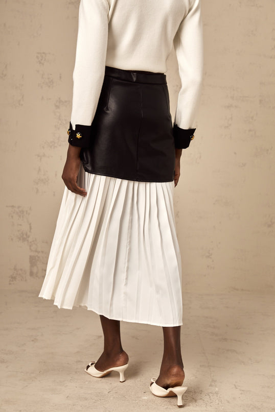 Laura White Black Leather Pleated Midi Skirt