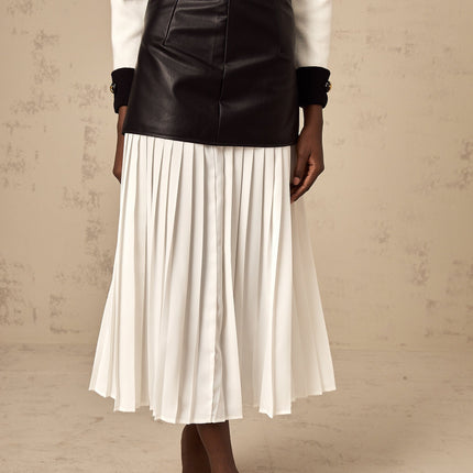 Laura White Black Leather Pleated Midi Skirt
