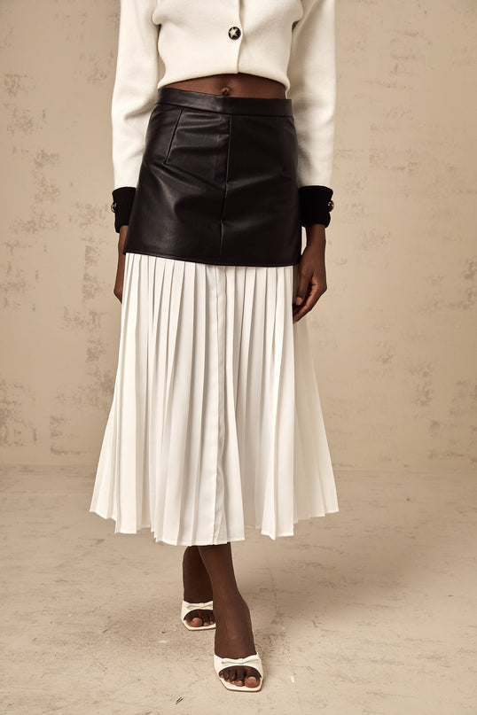 Laura White Black Leather Pleated Midi Skirt