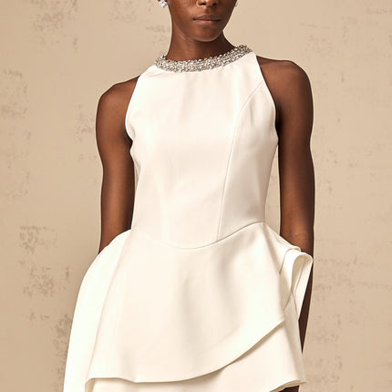 Laura White Crystal Embellished Asymmetric Mini Dress