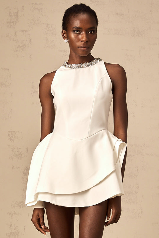Laura White Crystal Embellished Asymmetric Mini Dress
