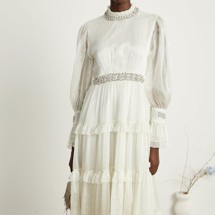 Laura White Midi Dress Terylene Crystal Embellishment Sheer Sleeves Ruffled Skirt Tiered Design Side Zip Fastening Calf Length Model Size M Special Occasion