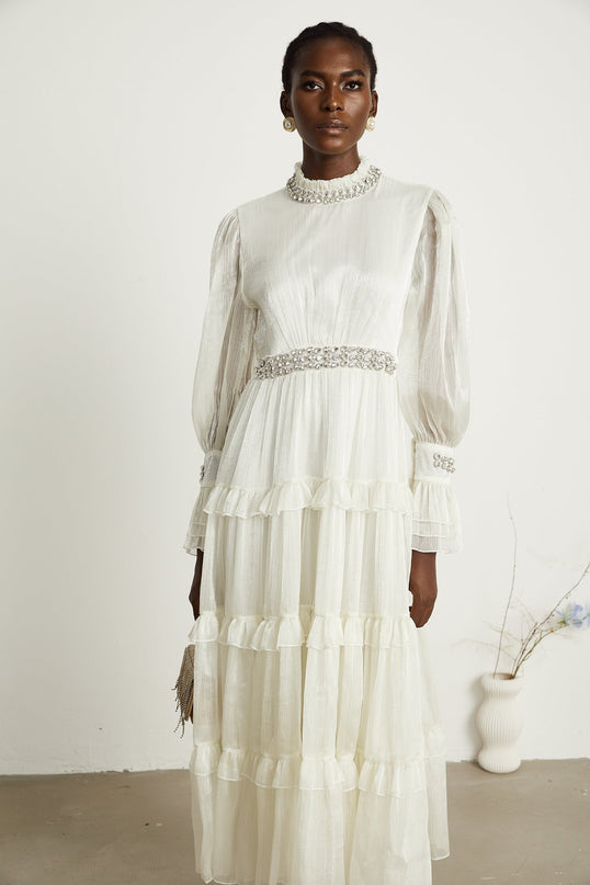 Laura White Midi Dress Terylene Crystal Embellishment Sheer Sleeves Ruffled Skirt Tiered Design Side Zip Fastening Calf Length Model Size M Special Occasion
