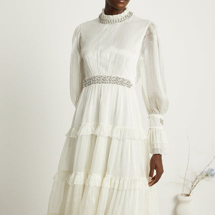 Laura White Terylene Crystal Embellished Midi Dress with Sheer Sleeves and Ruffled Skirt