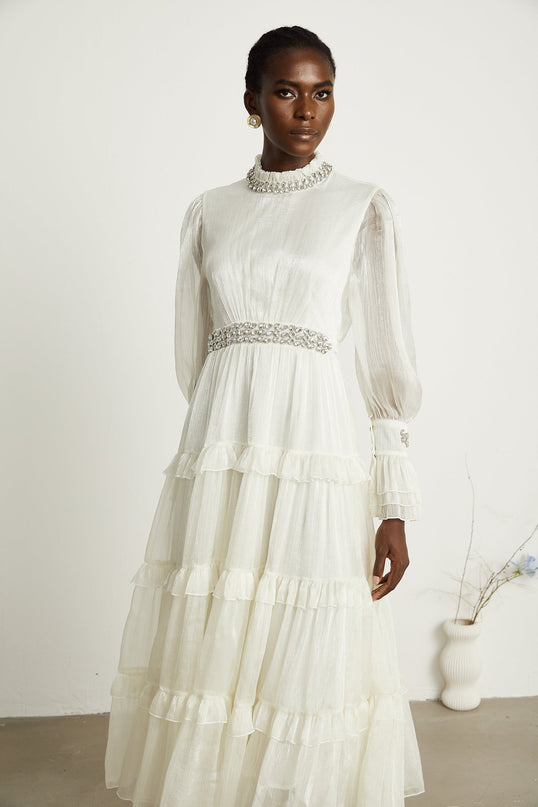 Laura White Terylene Crystal Embellished Midi Dress with Sheer Sleeves and Ruffled Skirt