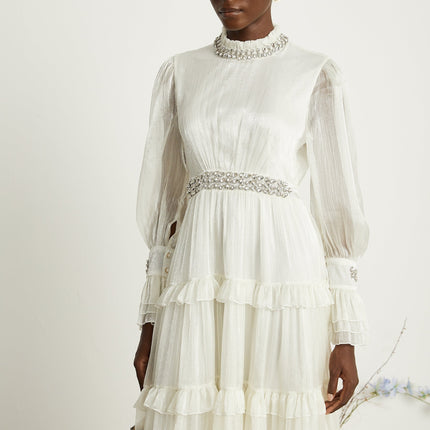 Laura White Terylene Crystal Embellished Midi Dress with Sheer Sleeves and Ruffled Skirt