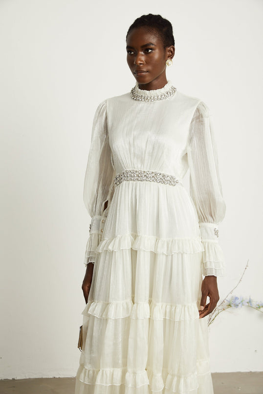 Laura White Terylene Crystal Embellished Midi Dress with Sheer Sleeves and Ruffled Skirt