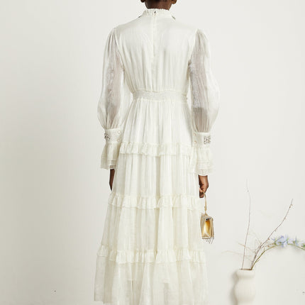 Laura White Tiered Ruffle Crystal Embellished Midi Dress