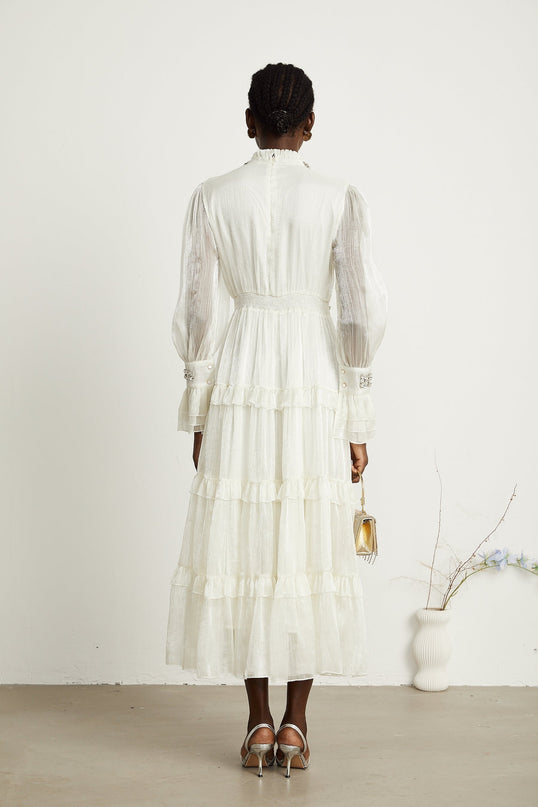 Laura White Tiered Ruffle Crystal Embellished Midi Dress