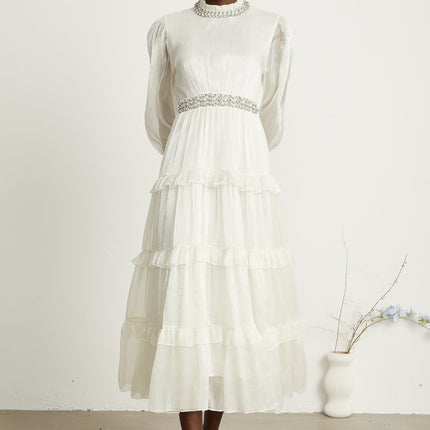 Laura White Tiered Ruffled Crystal Embellished Midi Dress