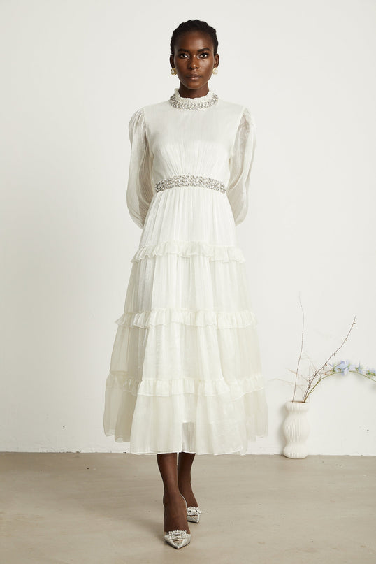 Laura White Tiered Ruffled Crystal Embellished Midi Dress