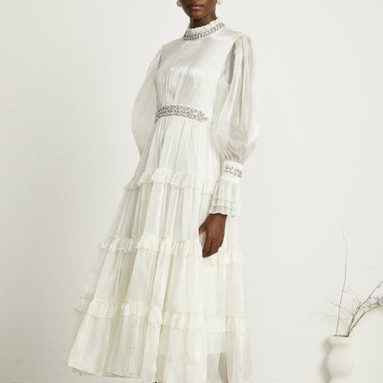 Laura White Tiered Ruffled Midi Dress with Crystal Embellishment