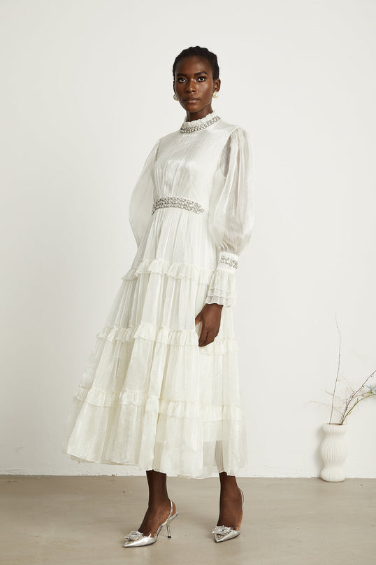Laura White Tiered Ruffled Midi Dress with Crystal Embellishment