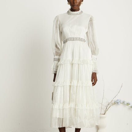 Laura White Tiered Ruffled Midi Dress with Crystal Embellishment and Sheer Sleeves