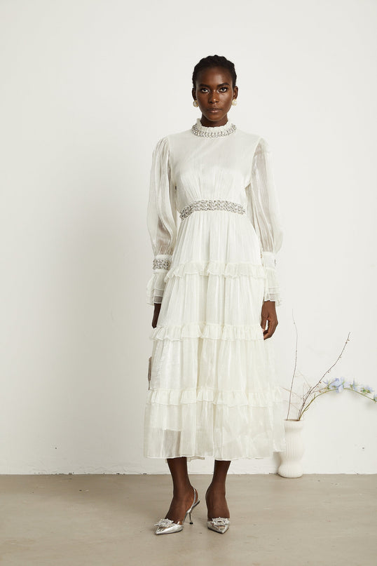 Laura White Tiered Ruffled Midi Dress with Crystal Embellishment and Sheer Sleeves