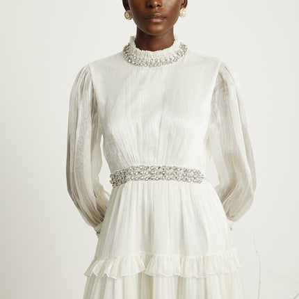 Laura White Tiered Ruffled Midi Dress with Crystal Embellishment and Sheer Sleeves