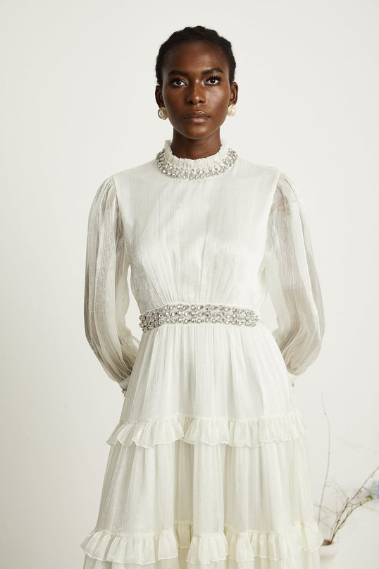 Laura White Tiered Ruffled Midi Dress with Crystal Embellishment and Sheer Sleeves