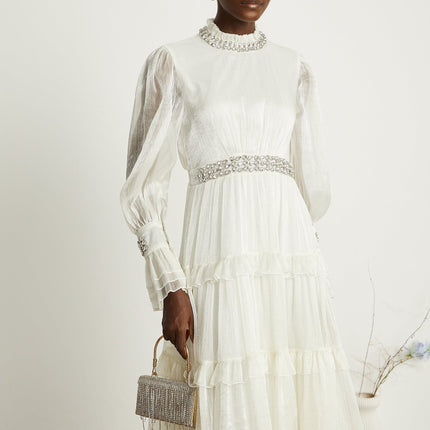 Laura White Tiered Ruffled Midi Dress with Crystal Embellishment and Sheer Sleeves