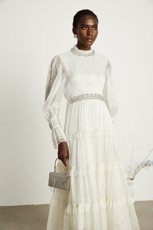 Laura White Tiered Ruffled Midi Dress with Crystal Embellishment and Sheer Sleeves