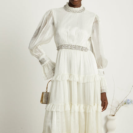 Laura White Tiered Ruffled Midi Dress with Crystal Embellishment and Sheer Sleeves