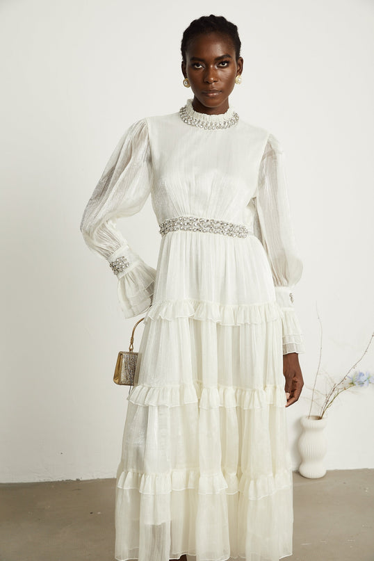 Laura White Tiered Ruffled Midi Dress with Crystal Embellishment and Sheer Sleeves