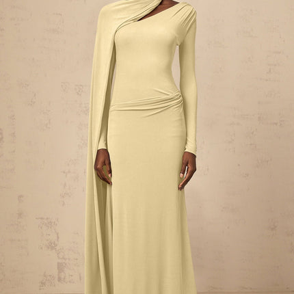 Laura Yellow Maxi Dress with Diagonal Shawl Design and Silver-Tone Hardware