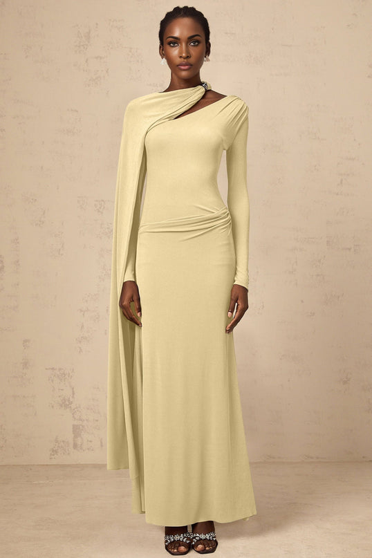 Laura Yellow Maxi Dress with Diagonal Shawl Design and Silver-Tone Hardware