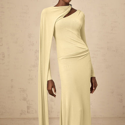 Laura Yellow Maxi Dress with Diagonal Shawl Design and Silver-tone Hardware