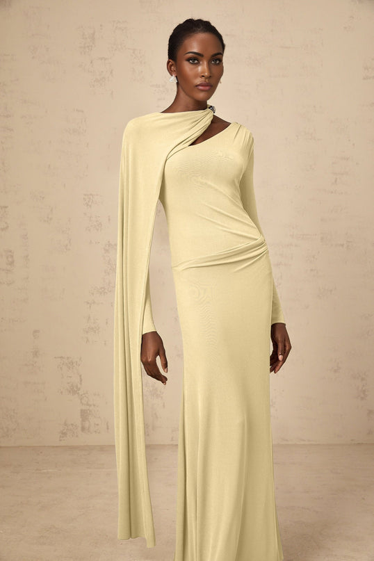 Laura Yellow Maxi Dress with Diagonal Shawl Design and Silver-tone Hardware