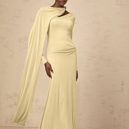 Laura Yellow Maxi Dress with Diagonal Shawl Design and Silver-Tone Hardware