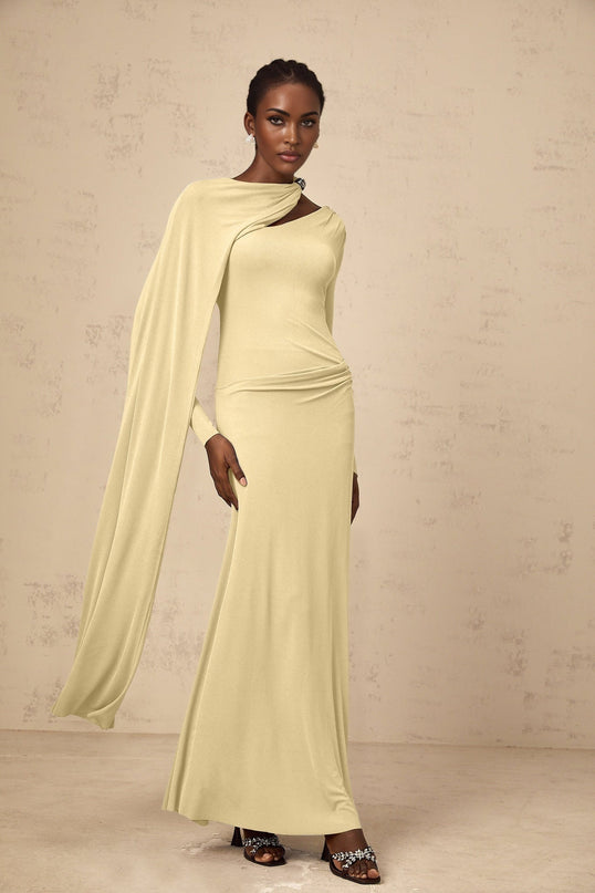 Laura Yellow Maxi Dress with Diagonal Shawl Design and Silver-Tone Hardware