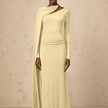 Laura Yellow Maxi Dress with Diagonal Shawl Design and Silver-Tone Hardware