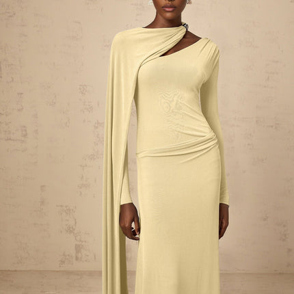 Laura Yellow Maxi Dress with Diagonal Shawl Design and Silver-Tone Hardware