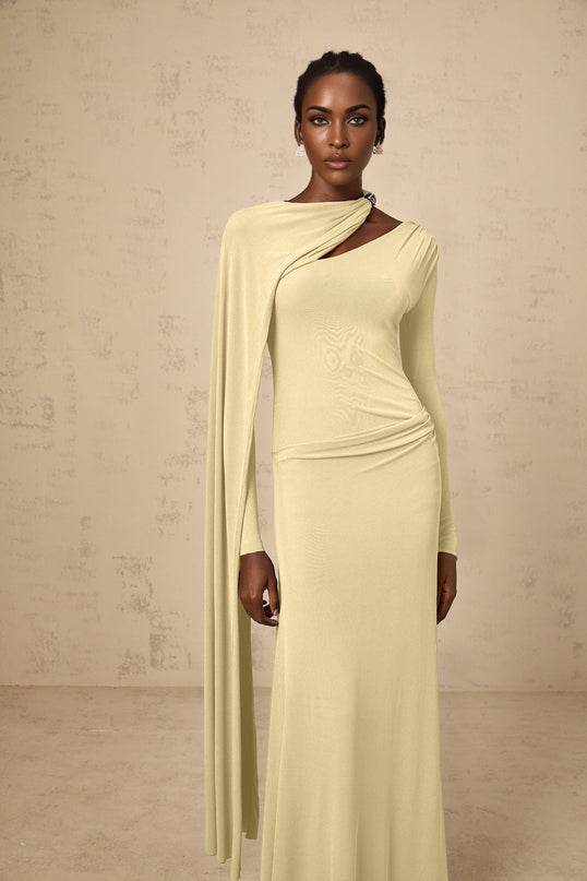 Laura Yellow Maxi Dress with Diagonal Shawl Design and Silver-Tone Hardware