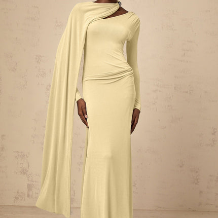 Laura Yellow Maxi Dress with Diagonal Shawl Design and Silver Hardware