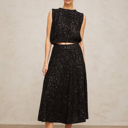 Lauretta Black Knit Sequined Flared Vest Skirt Ensemble