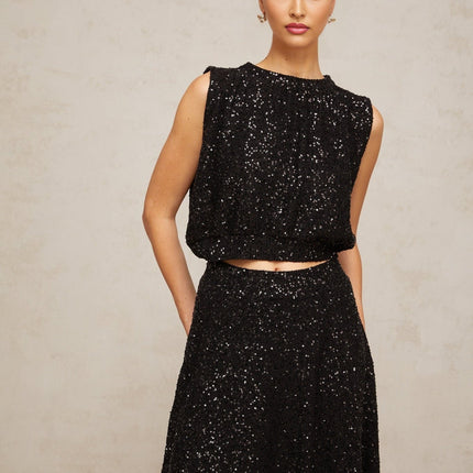 Lauretta Black Knit Sequined Vest and Skirt Ensemble
