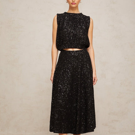 Lauretta Black Knit Sequined Vest & Skirt Ensemble