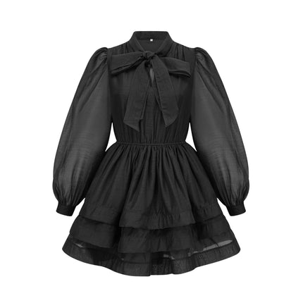 Lauretta Black Mini Dress Terylene Fiber Scarf Collar Long Sleeves Tiered Flare Pleated Detailing Semi-Sheer Thigh-Length Cut Versatile Essential Modern Woman Refined Style Grace Impeccable Craftsmanship Attention to Detail