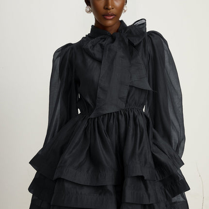 Lauretta Black Mini Dress Terylene Fiber Scarf Collar Long Sleeves Tiered Flare Pleated Semi-Sheer Thigh-Length